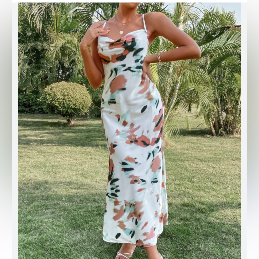 Shein White Slip Maxi Dress With Green And Brown Abstract Print